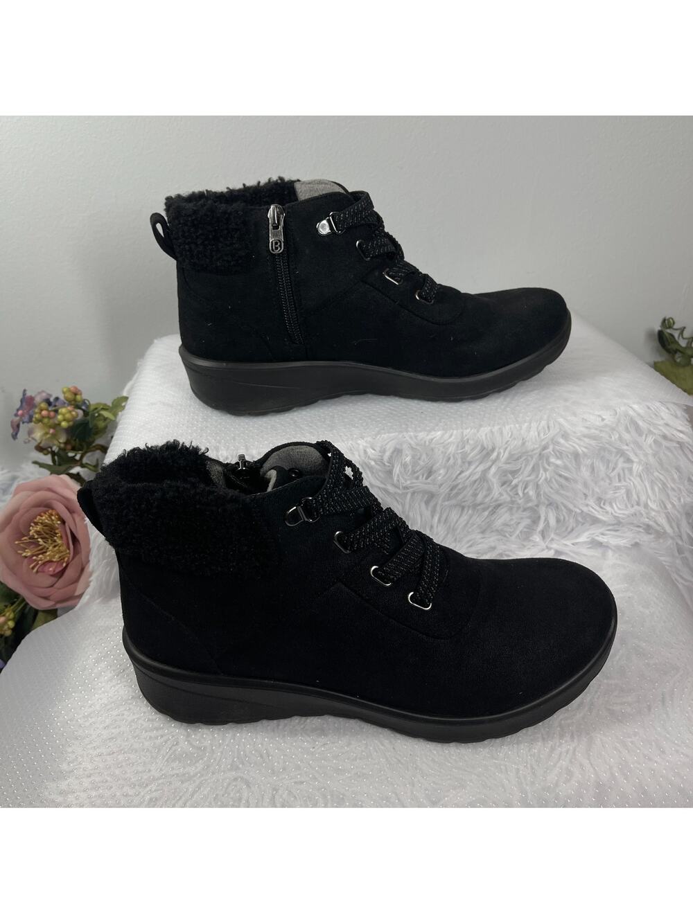 Bzees Generation Ankle Boots Women 9M Black Faux Fur Trim Comfort Shoes Gorpcore